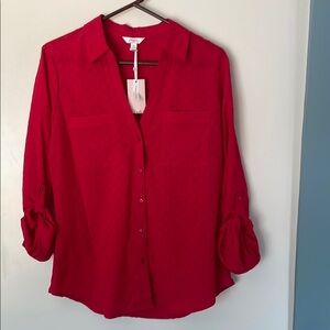 Women’s Candies Roll Sleeve Button Down Shirt - Red